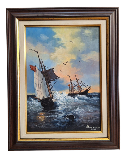 Tablou marină cu corăbii – Alexandrescu 2009, pictură înrămată 47x37 cm