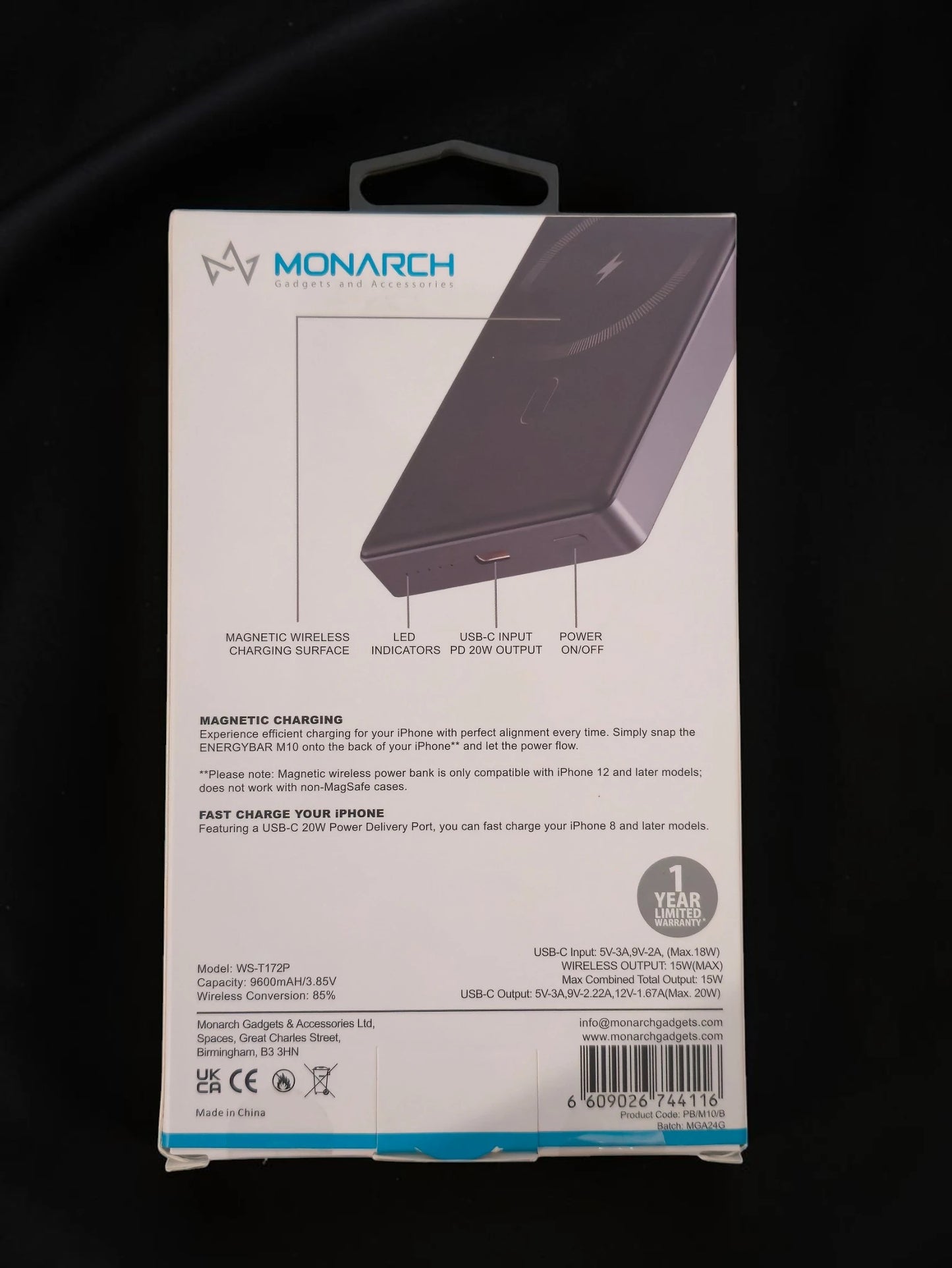Monarch MagBar M10 – Baterie Externă Magnetică 9600mAh, Încărcare Wireless 15W
