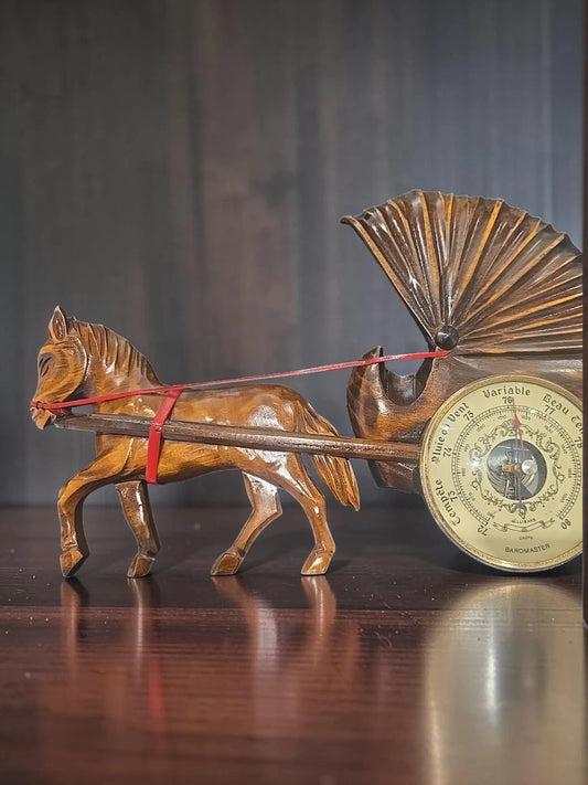 Barometru Aneroid Vintage Baromaster „Horse & Fan Tail” – Lemn Sculptat