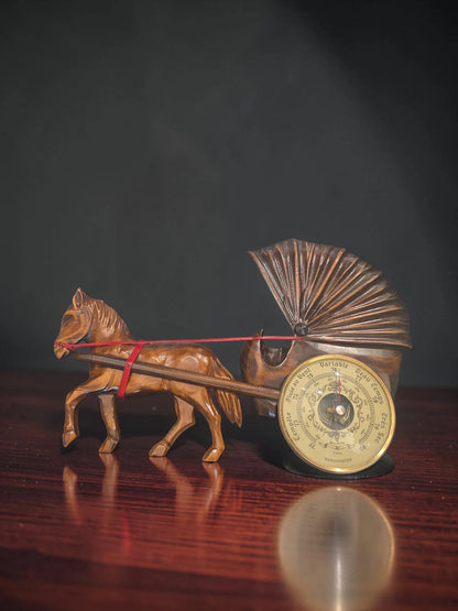 Barometru Aneroid Vintage Baromaster „Horse & Fan Tail” – Lemn Sculptat