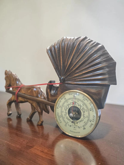 Barometru Aneroid Vintage Baromaster „Horse & Fan Tail” – Lemn Sculptat