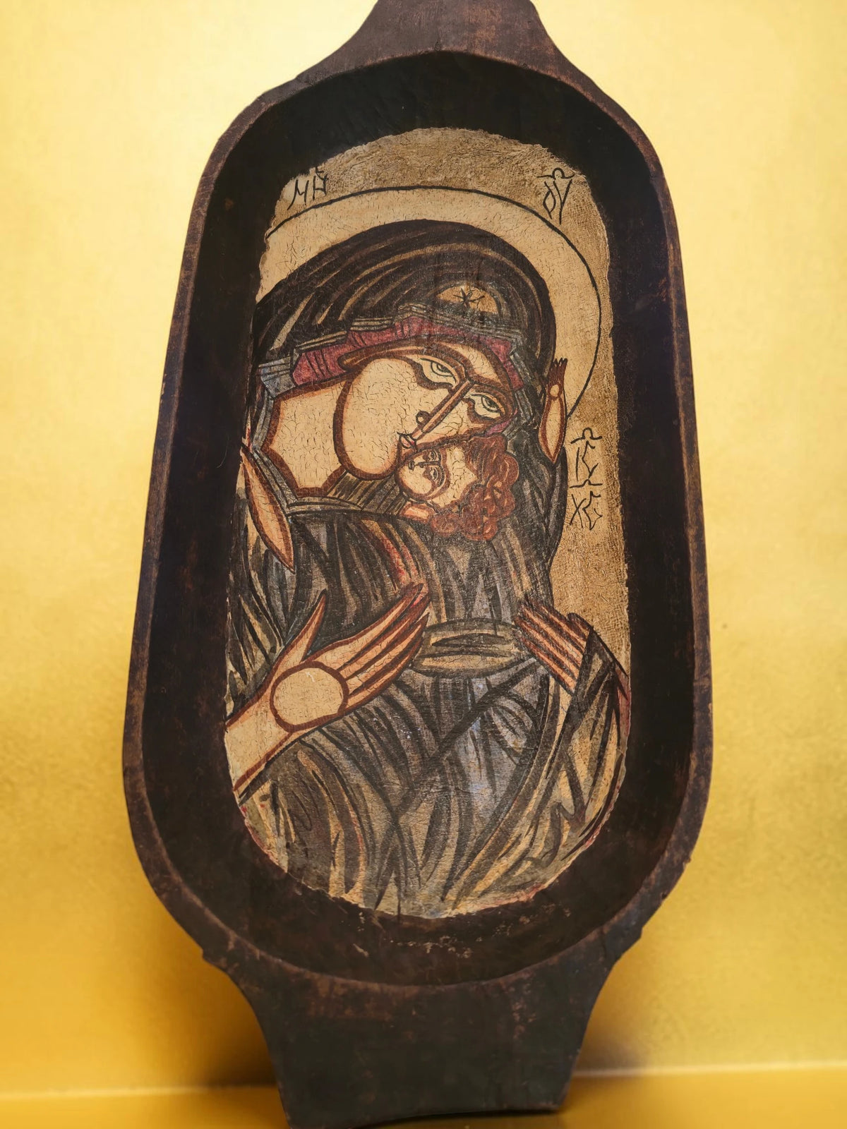 Icoană Ortodoxă „Maica Domnului cu Pruncul” – Pictură pe Lemn, 58 × 26 cm