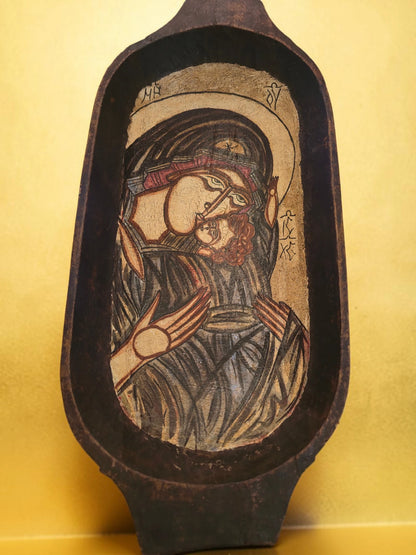 Icoană Ortodoxă „Maica Domnului cu Pruncul” – Pictură pe Lemn, 58 × 26 cm