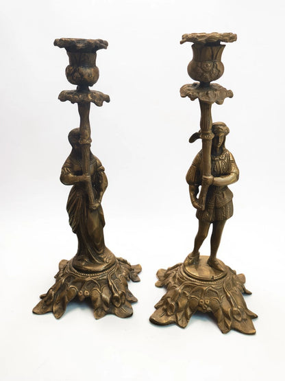 Pereche Sfeșnice Figurale Vintage din Bronz – Stil Rococo Baroc – 28 cm