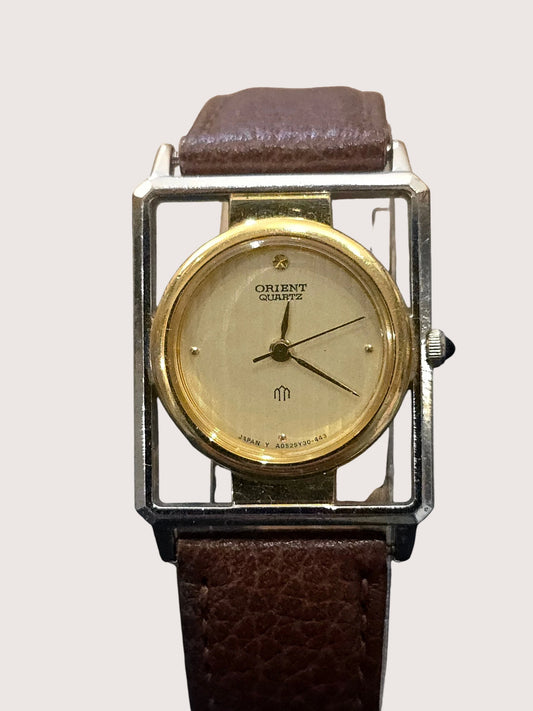Ceas Vintage Orient Quartz Damă Gold Tone Brown Strap