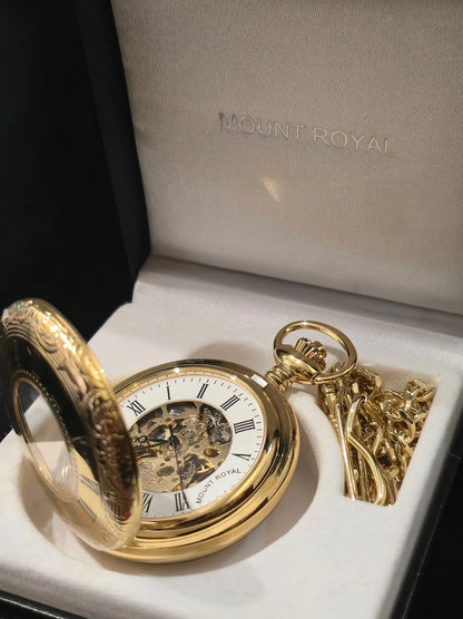 Ceas de Buzunar Mecanic Skeleton Mount Royal cu Lanț și Cutie Originală
