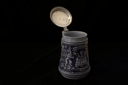 Halbă Germană Vintage din Ceramică cu Capac din Cositor