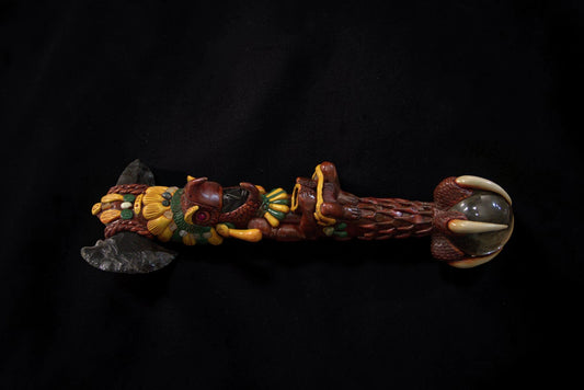 Topor Ceremonial Tribal cu Lamă din Obsidian și Sferă de Cristal