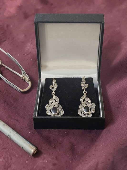 Cercei Vintage Argint 925 cu Onix si Marcasite 7.2g Eleganti