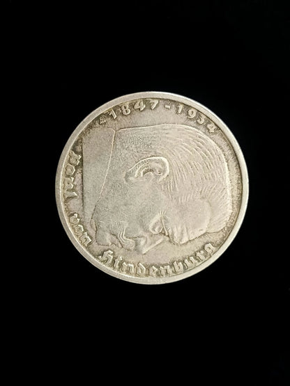 Monedă Germania 5 Reichsmark 1938 – Paul von Hindenburg – Argint 900‰ – 13,88g