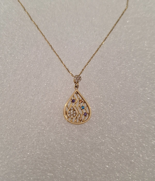 Colier Aur 14K cu Pandantiv Picătură și Pietre Colorate – 2,20g - imagine 2