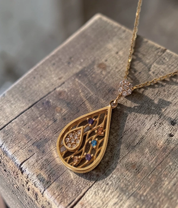 Colier Aur 14K cu Pandantiv Picătură și Pietre Colorate – 2,20g - imagine 6