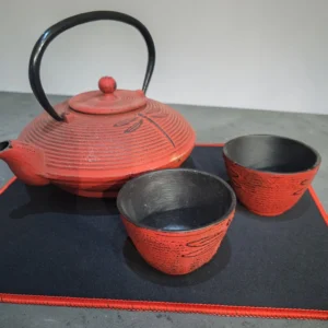 set ceai fonta japonez 4 piese ceainic cesti rosu negru