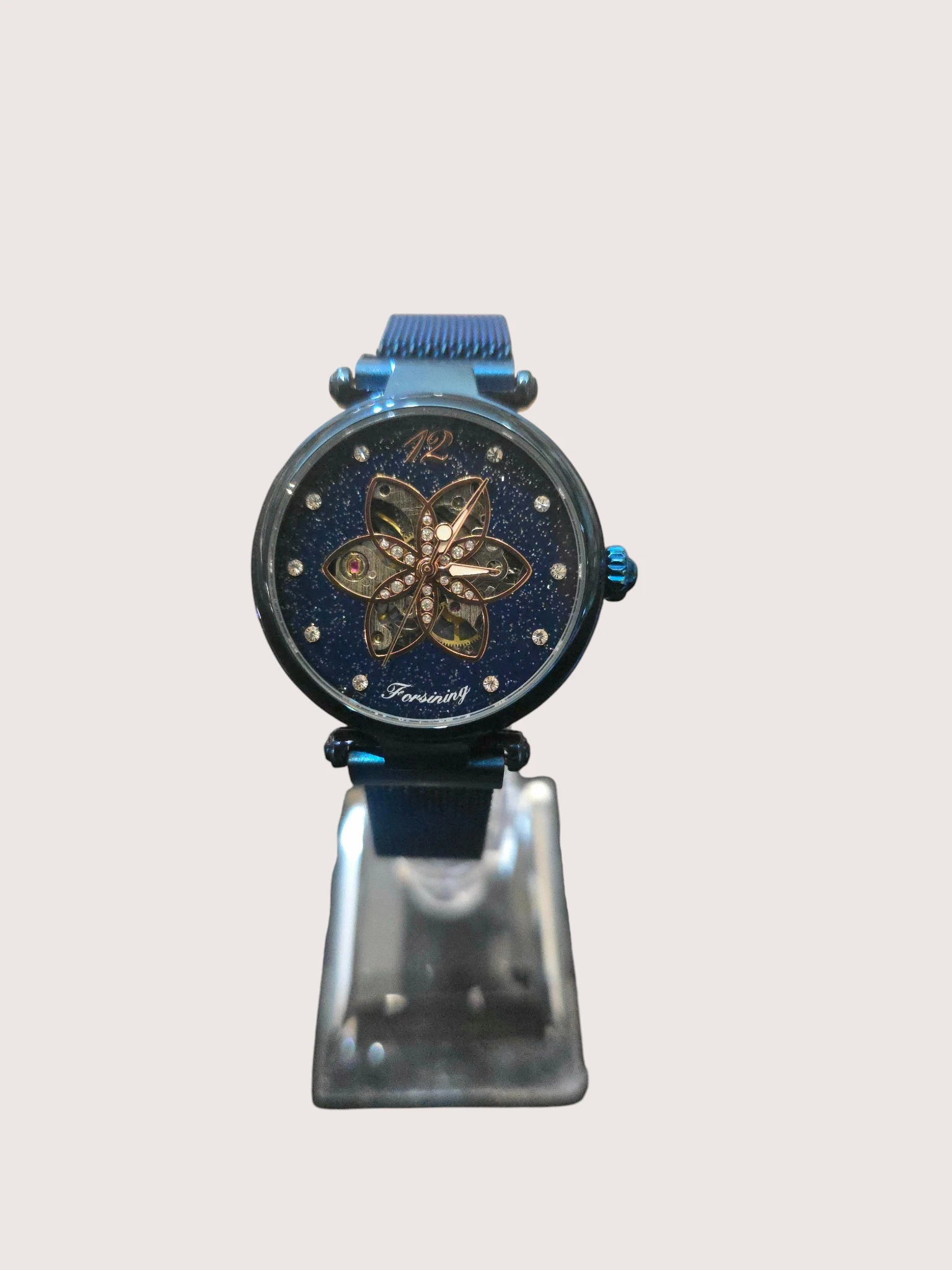 Ceas Automatic Damă Forsining Blue Skeleton Floral Design - imagine 3