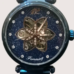 ceas automatic damă Forsining albastru skeleton floral