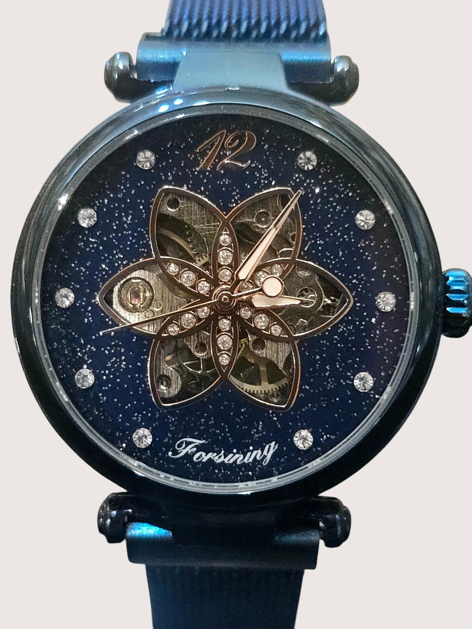 ceas automatic damă Forsining albastru skeleton floral