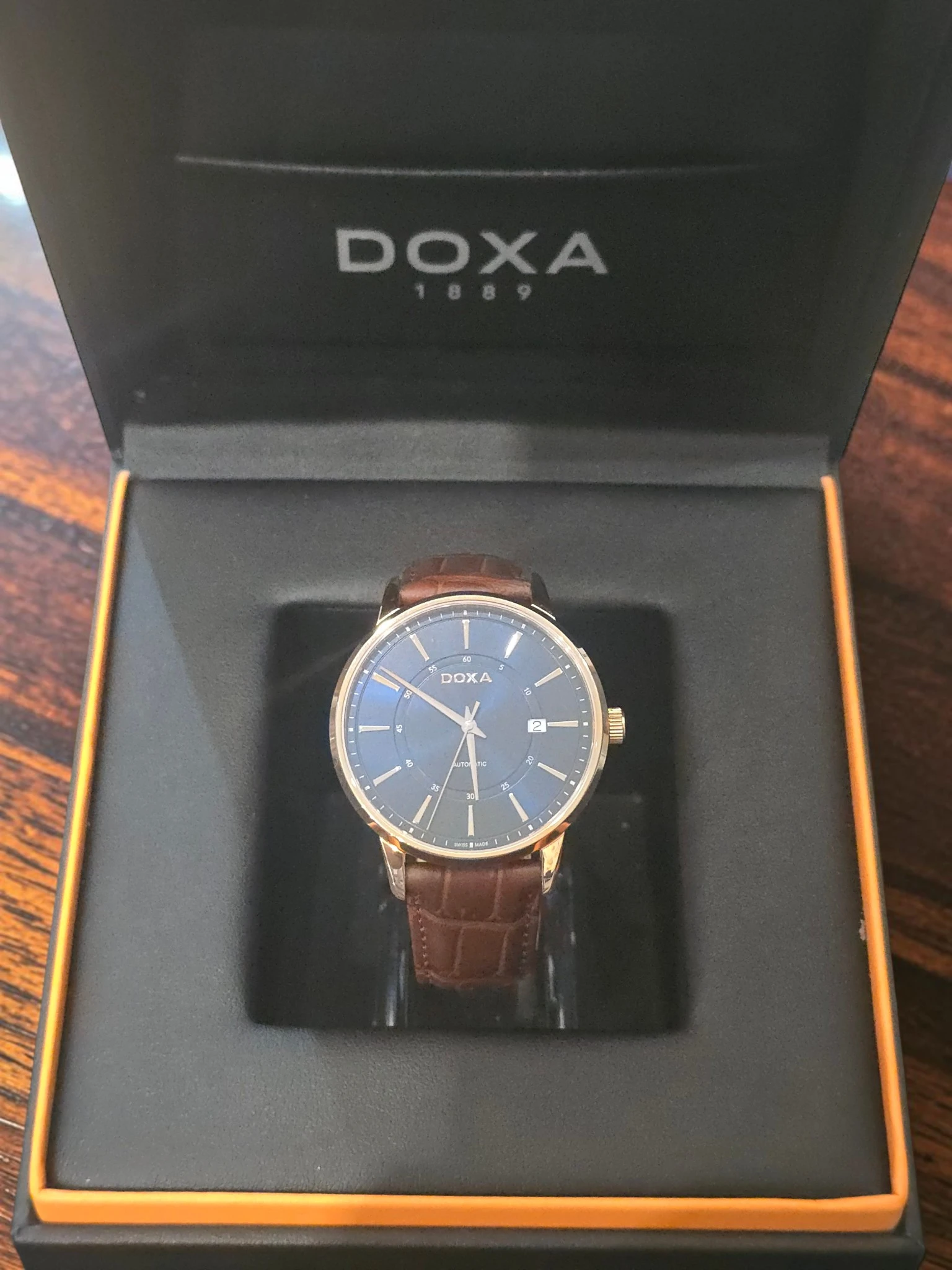 ceas doxa automatic swiss made albastru cu curea maro