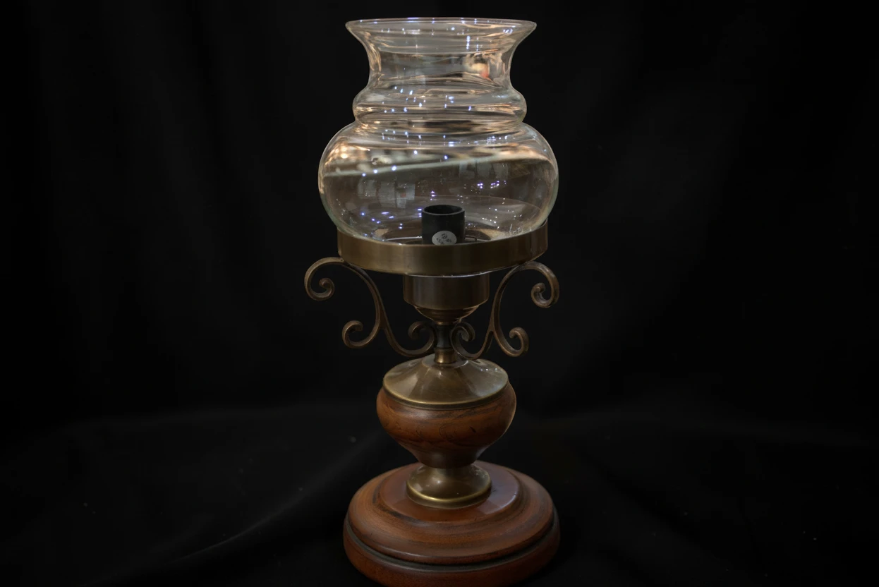 Lampă de Masă Vintage din Lemn și Metal cu Abajur din Sticlă - imagine 2